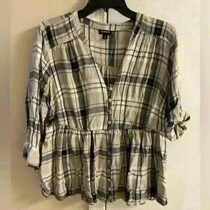 Torrid blouse plaid button front baby doll roll sleeve tab Large